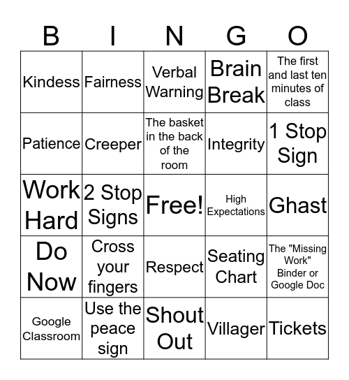 Anderson's Classroom Procedures Bingo Card