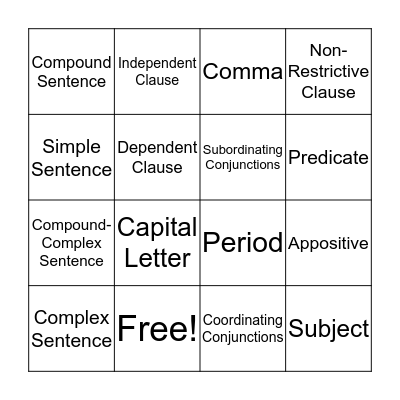 Sentence Structure  Bingo Card