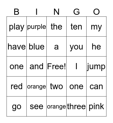 Sight Words Bingo Card