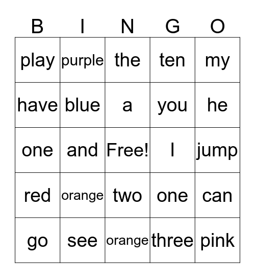 Sight Words Bingo Card