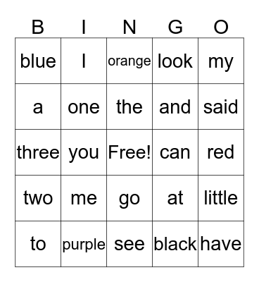Sight Words Bingo Card