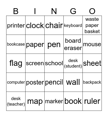 Classroom objects Bingo Card