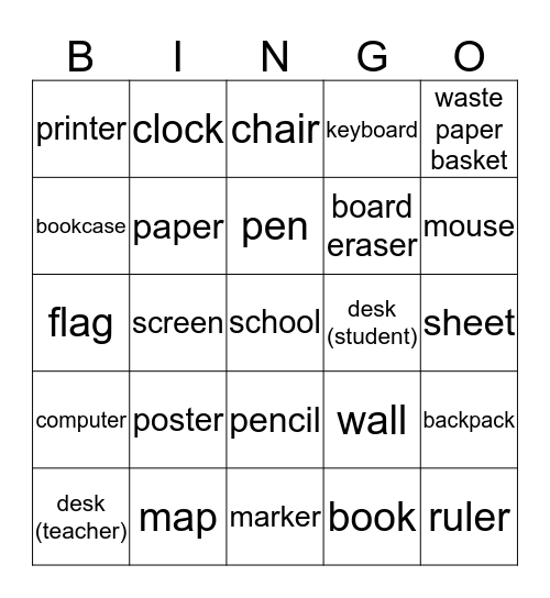 Classroom objects Bingo Card