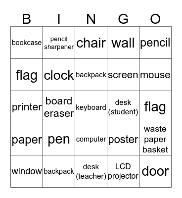 Classroom objects Bingo Card