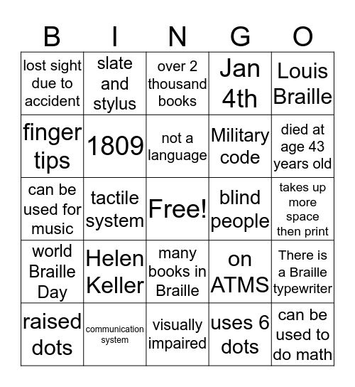 Braille Bingo Card