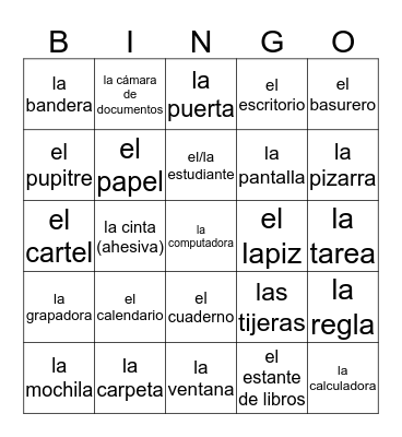 Classroom Objects Bingo Card