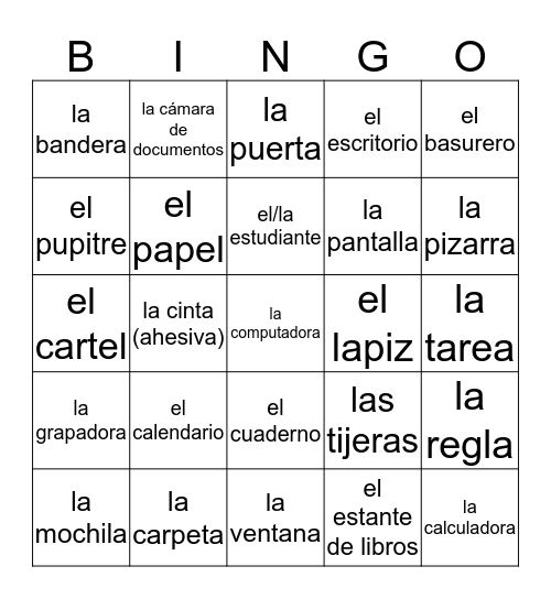 Classroom Objects Bingo Card