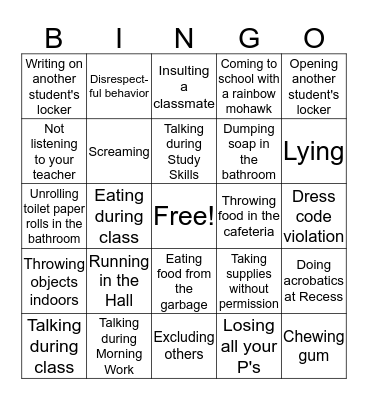 Ms. DiPietro's Demerit Bingo Card