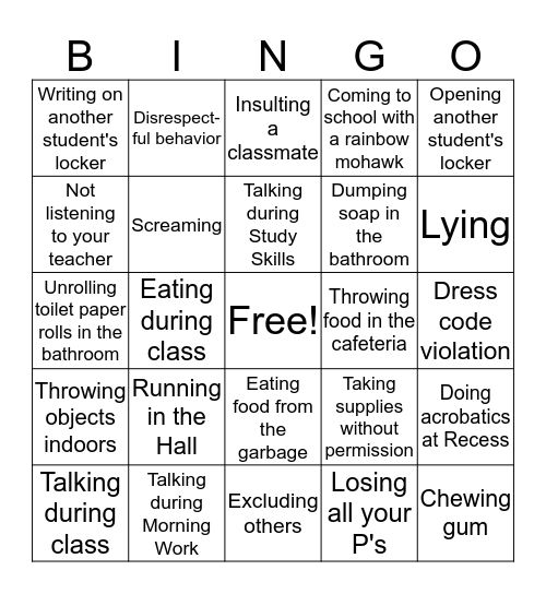 Ms. DiPietro's Demerit Bingo Card