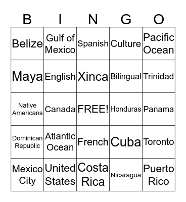 North America Bingo Card