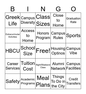 Choose Your College Bingo Card