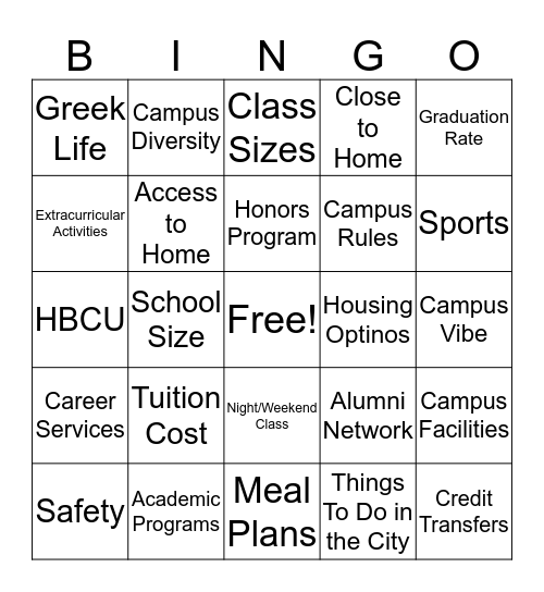 Choose Your College Bingo Card