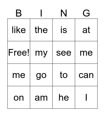 Sight Words Bingo Card