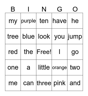 Sight Words Bingo Card