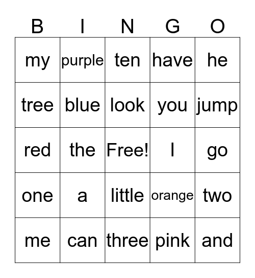 Sight Words Bingo Card