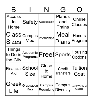 Choose Your College Bingo Card