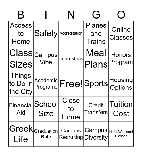 Choose Your College Bingo Card