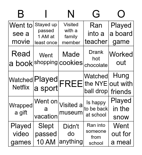 Back to School Bingo- Winter Break addition Bingo Card