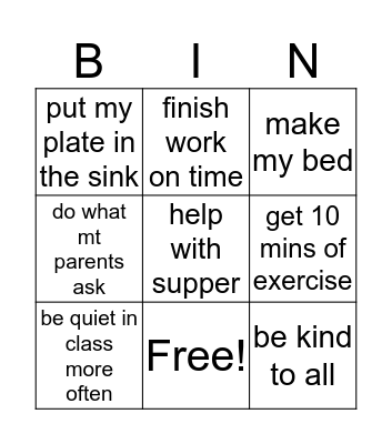 responsibility Bingo Card