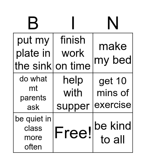 responsibility Bingo Card