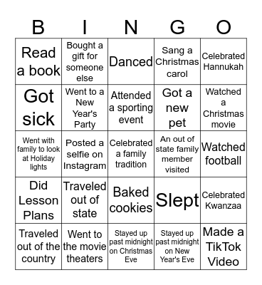 Winter Break Bingo Card