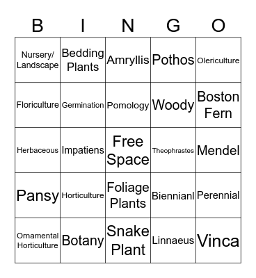 6th Grade Horticulture and Plant Science Bingo Card