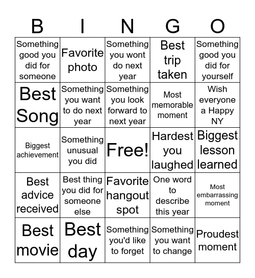 New Years Bingo 2020 Bingo Card