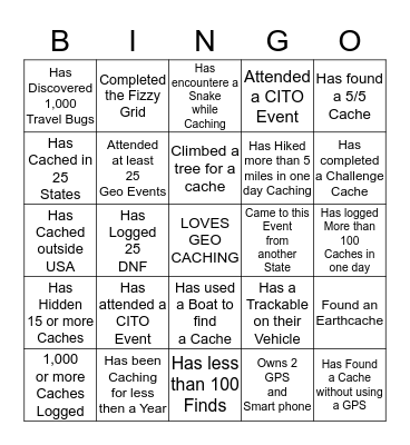 GEOCACHING  BINGO                      Mingle and Win !   Bingo Card