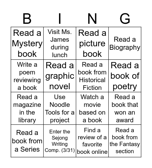 Library Spring Semester Bingo! Bingo Card