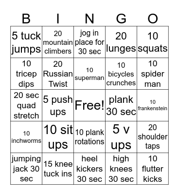 Fitness Bingo Card