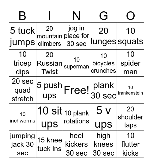 Fitness Bingo Card