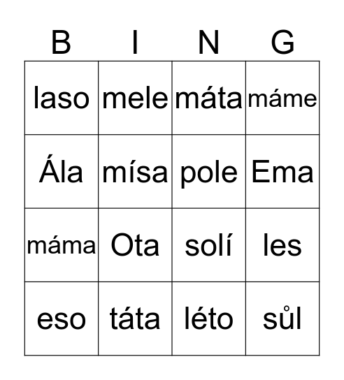 Opakujeme slova Bingo Card