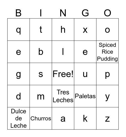 Mexican Foods Bingo  Bingo Card