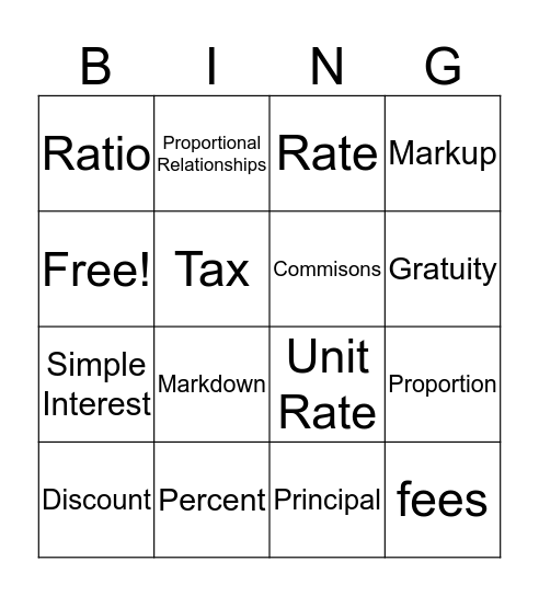 Percent Application Bingo Card