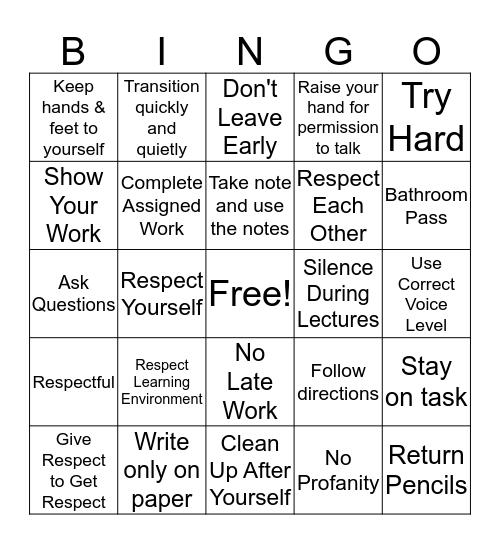 Classroom Expectations Bingo Card