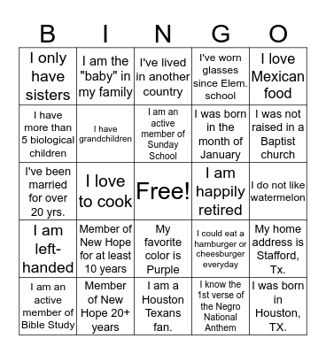 New Hope Bingo Card