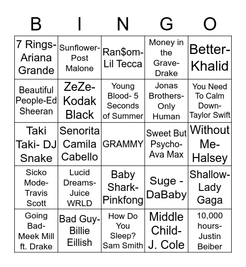 BILLBOARD TOP 100 SONGS FROM 2019 Bingo Card