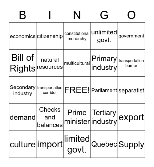 Canada Bingo Card