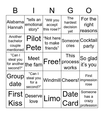 Bachelor Bingo Card