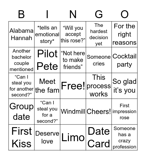 Bachelor Bingo Card