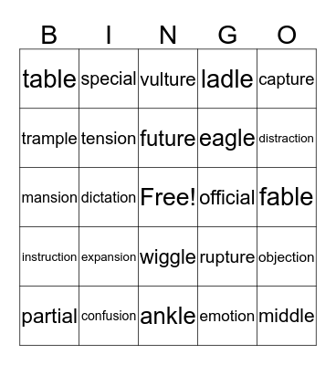 All the Syllables! Bingo Card