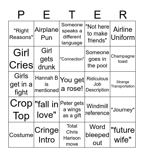 Pilot Pete Bingo Card