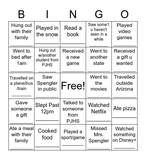 Back from Break BINGO  Bingo Card