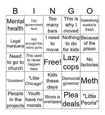 Galesburg Gunshots Facebook Comments Bingo Card