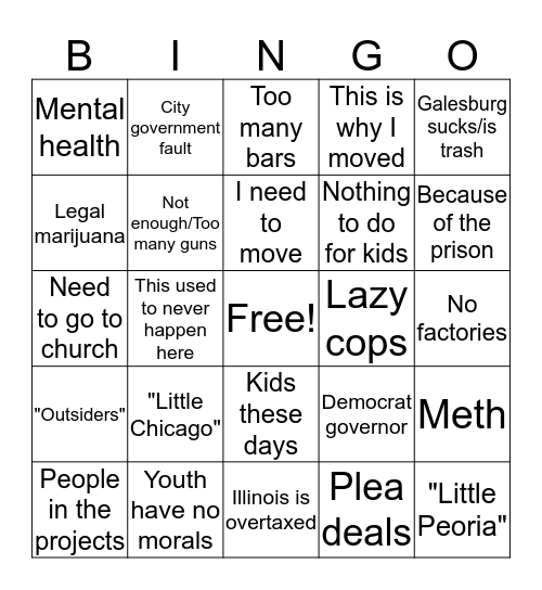 Galesburg Gunshots Facebook Comments Bingo Card
