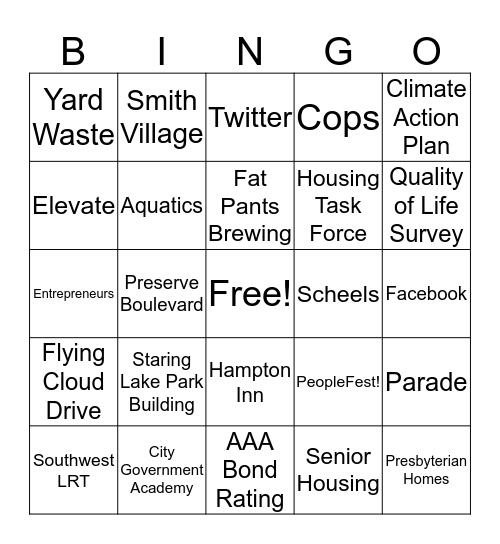 State of the City Bingo Card
