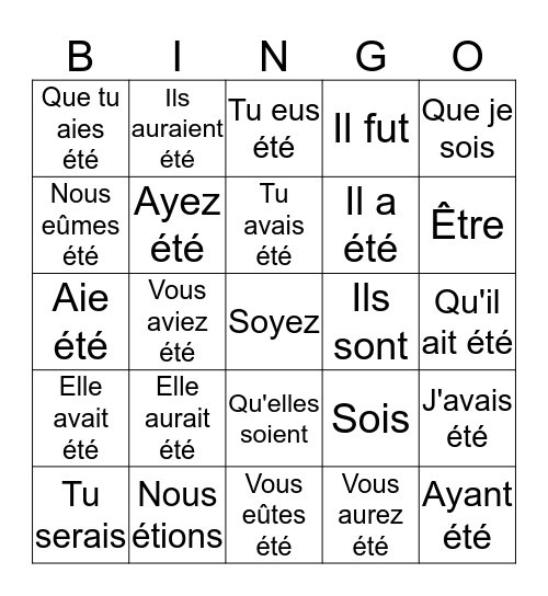 Verbe Être Bingo Card