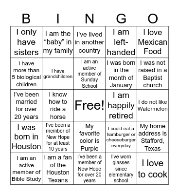 New Hope Family & Friends Game Day Bingo Card