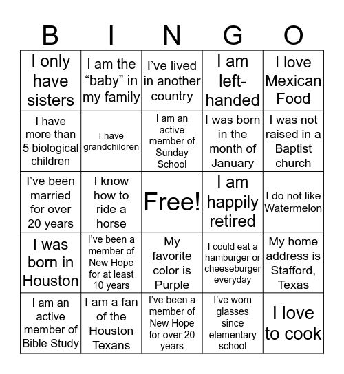 New Hope Family & Friends Game Day Bingo Card