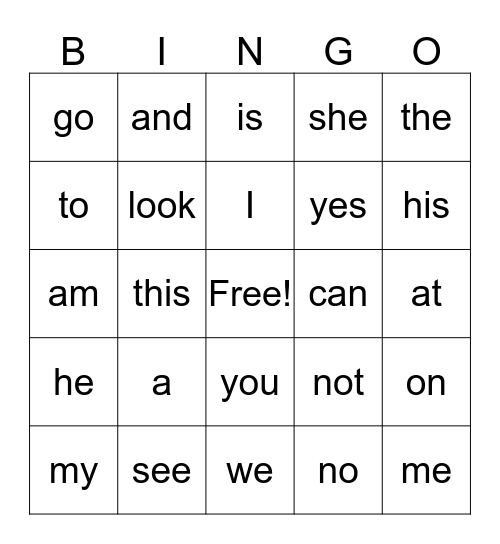 Kinder Sightword Bingo Card